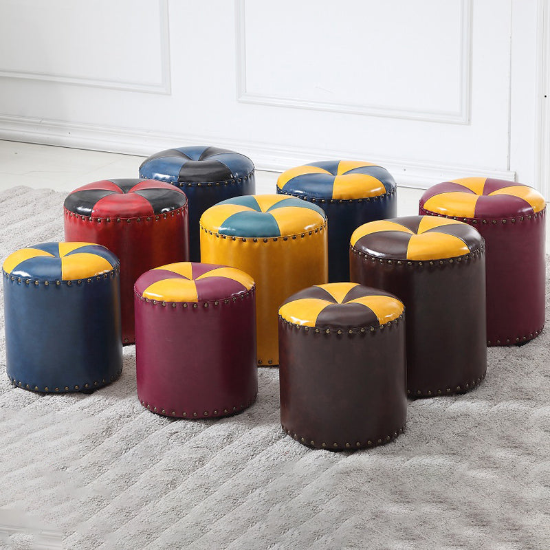 Modern Round Ottoman Color Block Leather Round Ottoman With Nailhead Trim