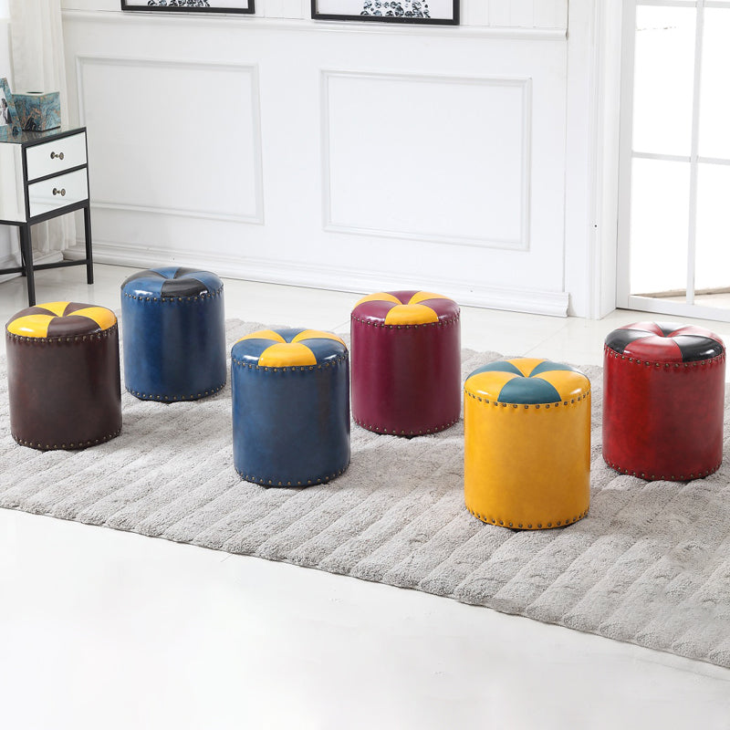 Modern Round Ottoman Color Block Leather Round Ottoman With Nailhead Trim
