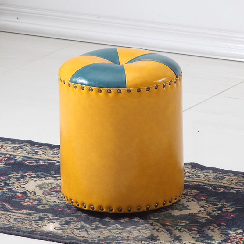 Modern Round Ottoman Color Block Leather Round Ottoman With Nailhead Trim
