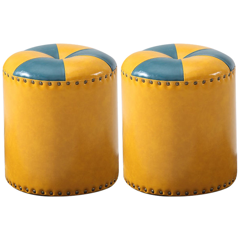 Modern Round Ottoman Color Block Leather Round Ottoman With Nailhead Trim