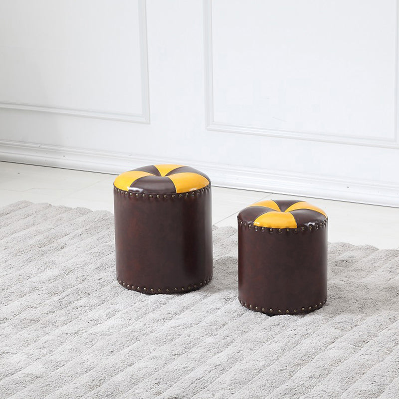 Modern Round Ottoman Color Block Leather Round Ottoman With Nailhead Trim