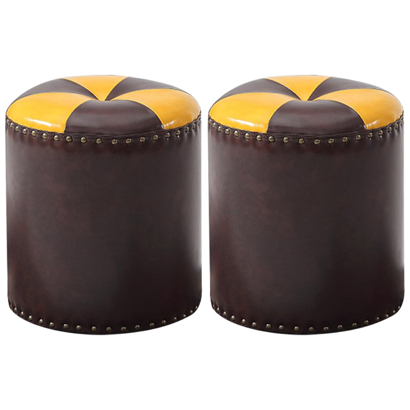Modern Round Ottoman Color Block Leather Round Ottoman With Nailhead Trim