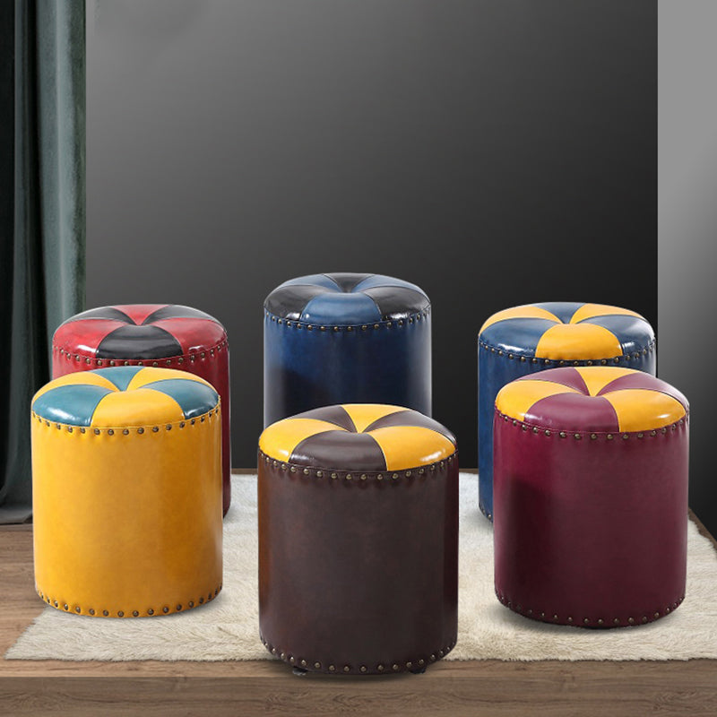 Modern Round Ottoman Color Block Leather Round Ottoman With Nailhead Trim