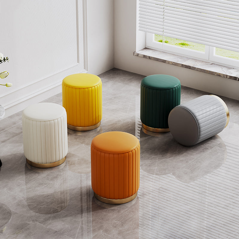 Contemporary Pouf Ottoman Faux Leather Upholstered Solid Wood Frame Round Ottoman