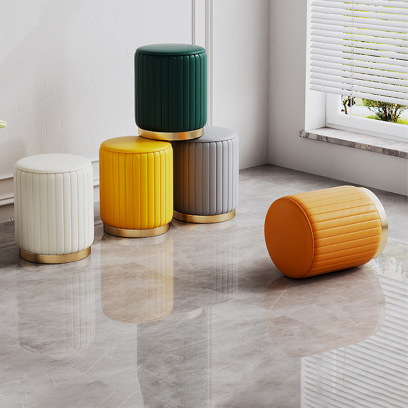 Contemporary Pouf Ottoman Faux Leather Upholstered Solid Wood Frame Round Ottoman