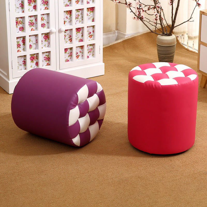 Ottoman Round Faux Leather Plaid Print Modern Tufted Tufted Ottoman