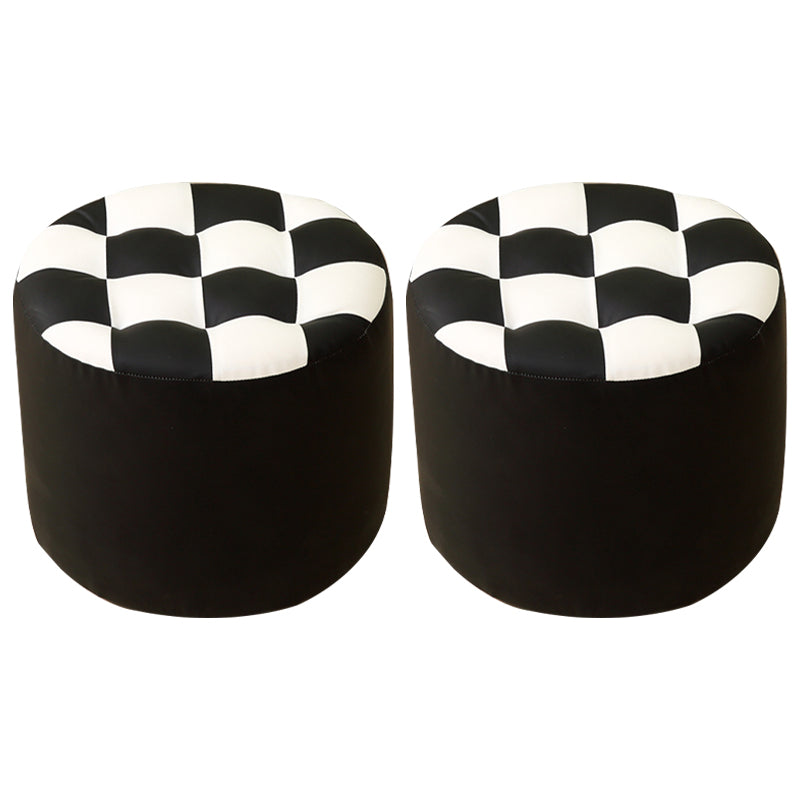 Ottoman Round Faux Leather Plaid Print Modern Tufted Tufted Ottoman