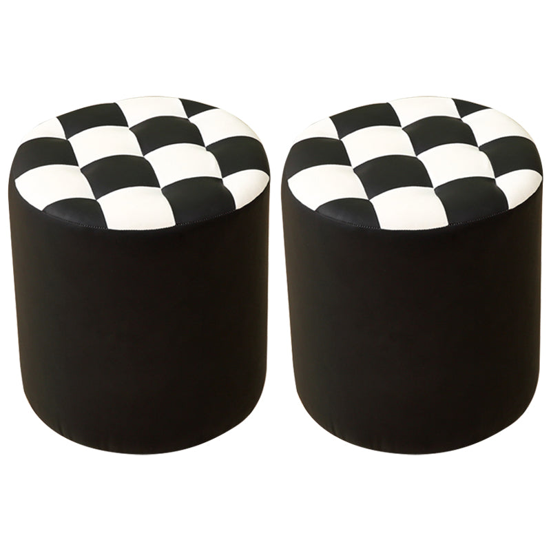 Ottoman Round Faux Leather Plaid Print Modern Tufted Tufted Ottoman
