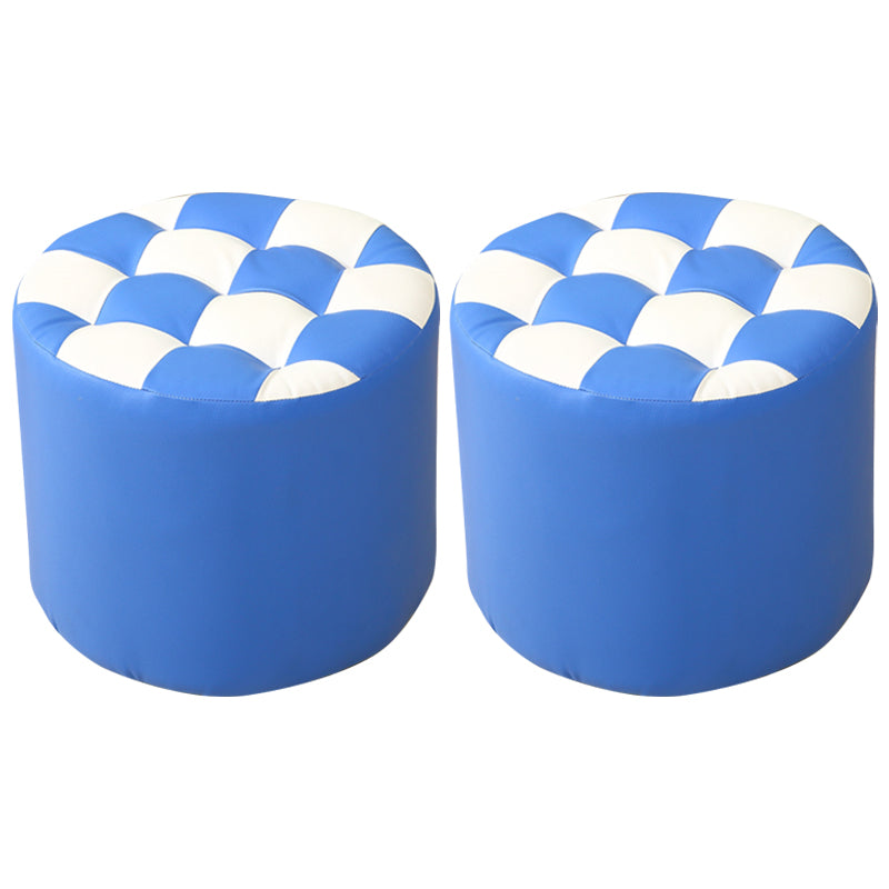 Ottoman Round Faux Leather Plaid Print Modern Tufted Tufted Ottoman