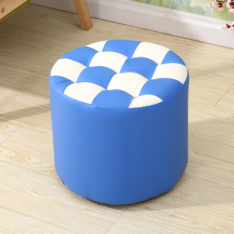 Ottoman Round Faux Leather Plaid Print Modern Tufted Tufted Ottoman