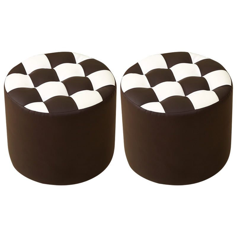 Ottoman Round Faux Leather Plaid Print Modern Tufted Tufted Ottoman