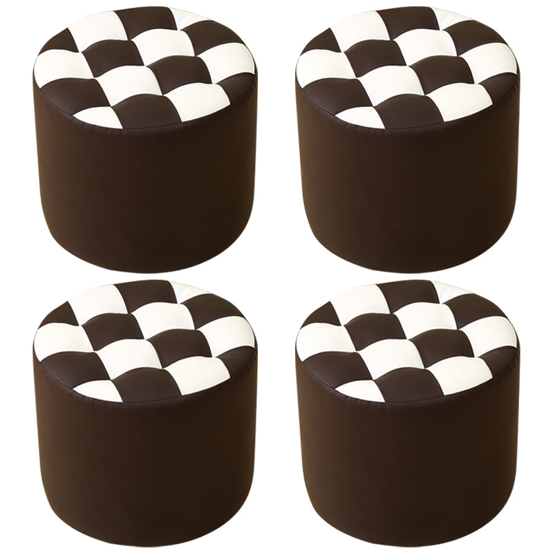 Ottoman Round Faux Leather Plaid Print Modern Tufted Tufted Ottoman