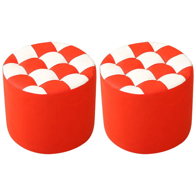 Ottoman Round Faux Leather Plaid Print Modern Tufted Tufted Ottoman