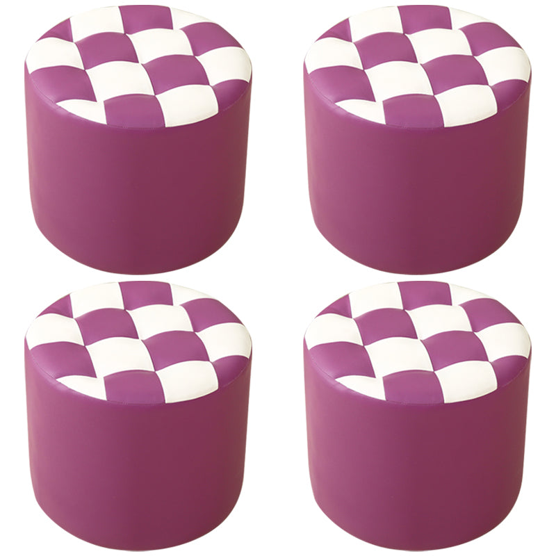 Ottoman Round Faux Leather Plaid Print Modern Tufted Tufted Ottoman