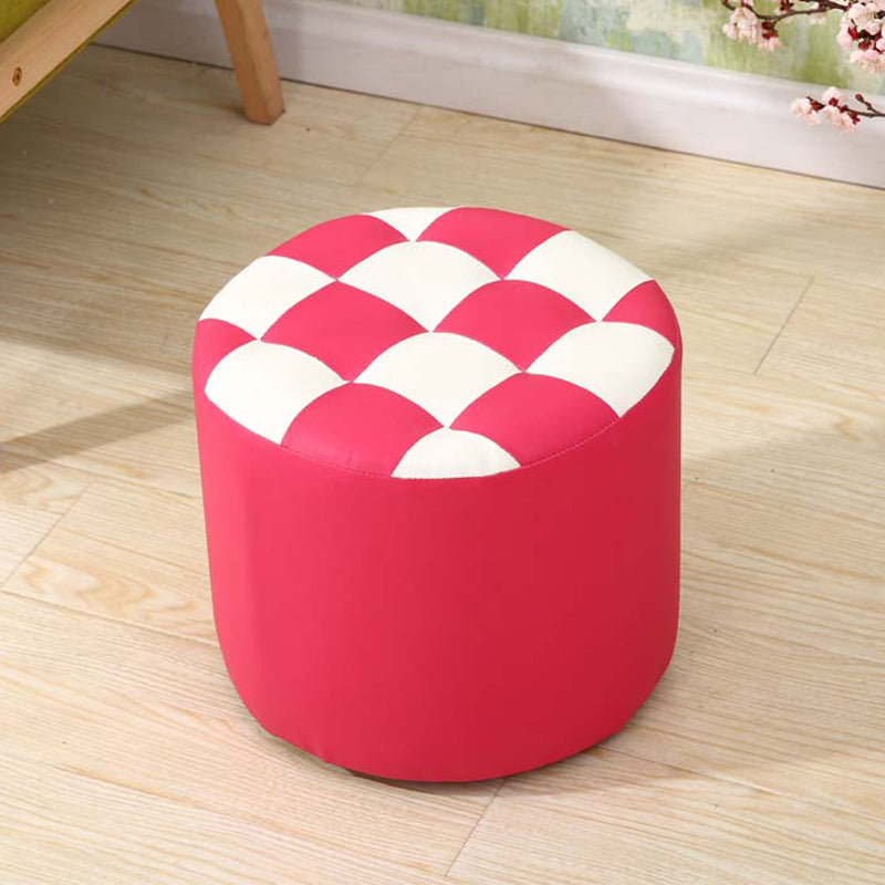 Ottoman Round Faux Leather Plaid Print Modern Tufted Tufted Ottoman