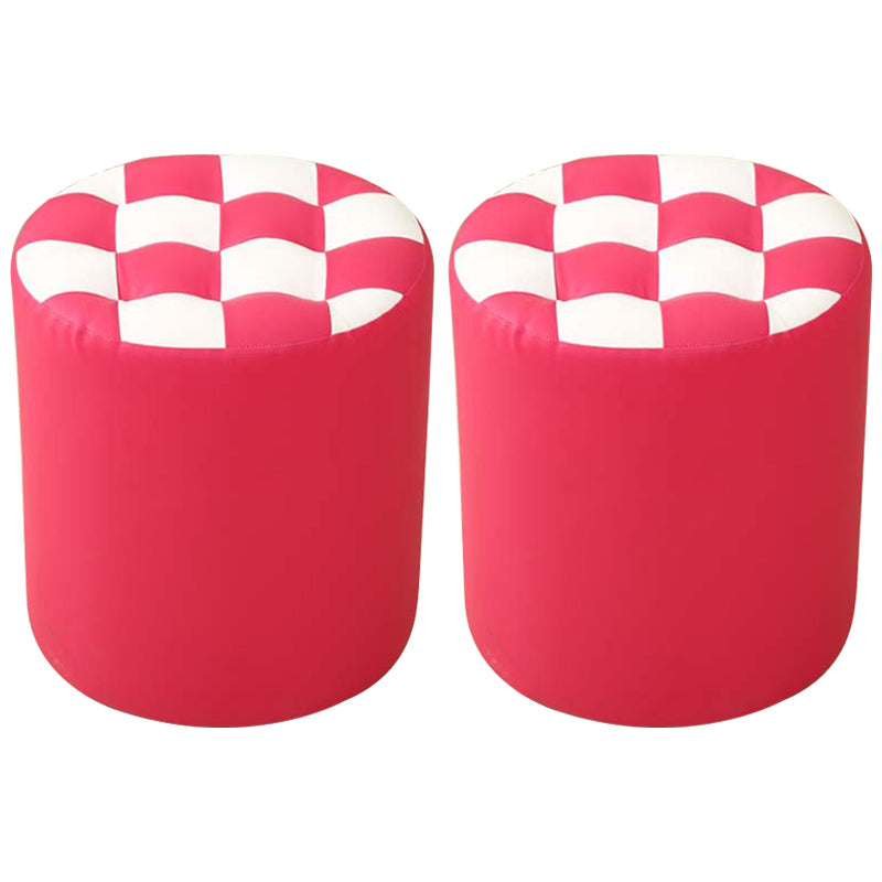 Ottoman Round Faux Leather Plaid Print Modern Tufted Tufted Ottoman