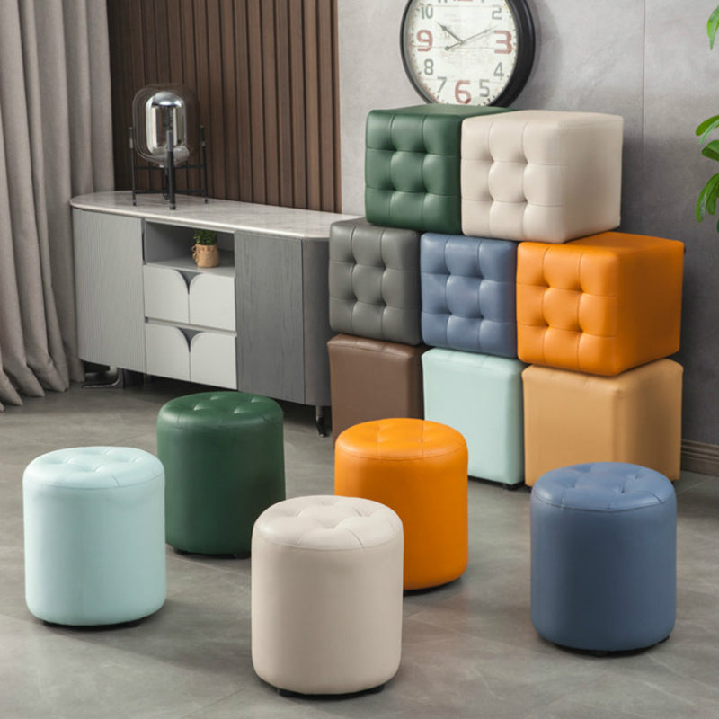 Dark Green Contemporary Pouf Pure Color Round Leather Indoor Pouf