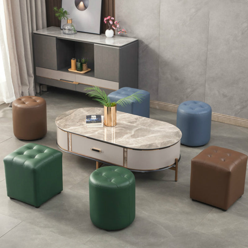 Dark Green Contemporary Pouf Pure Color Round Leather Indoor Pouf