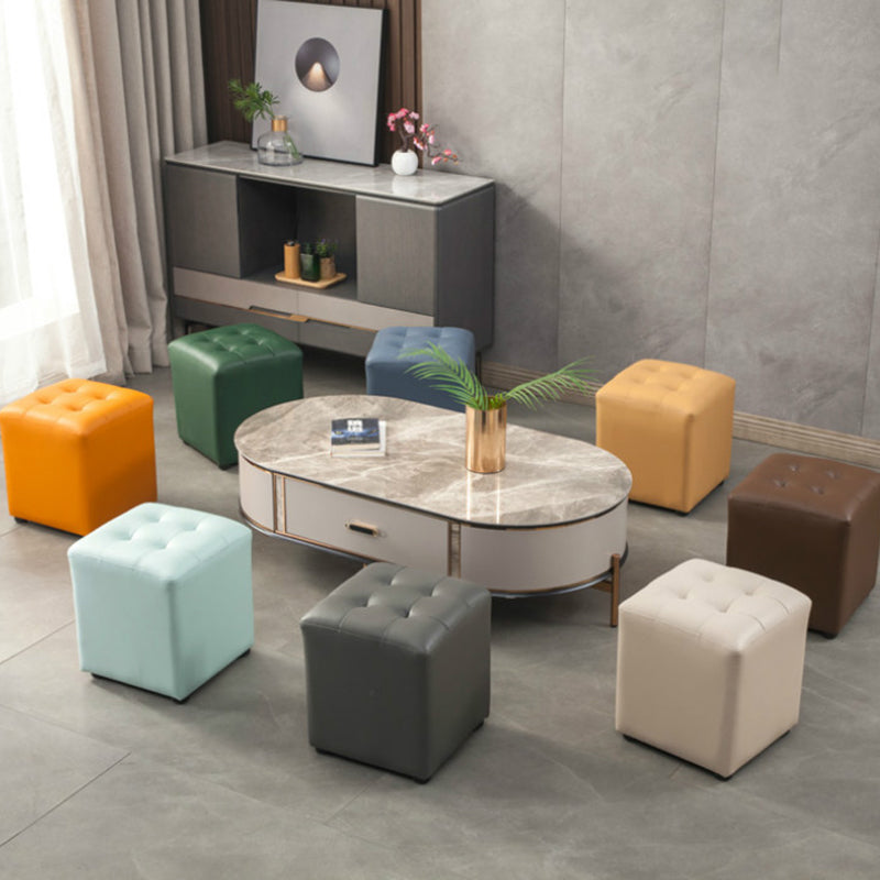 Dark Green Contemporary Pouf Pure Color Round Leather Indoor Pouf