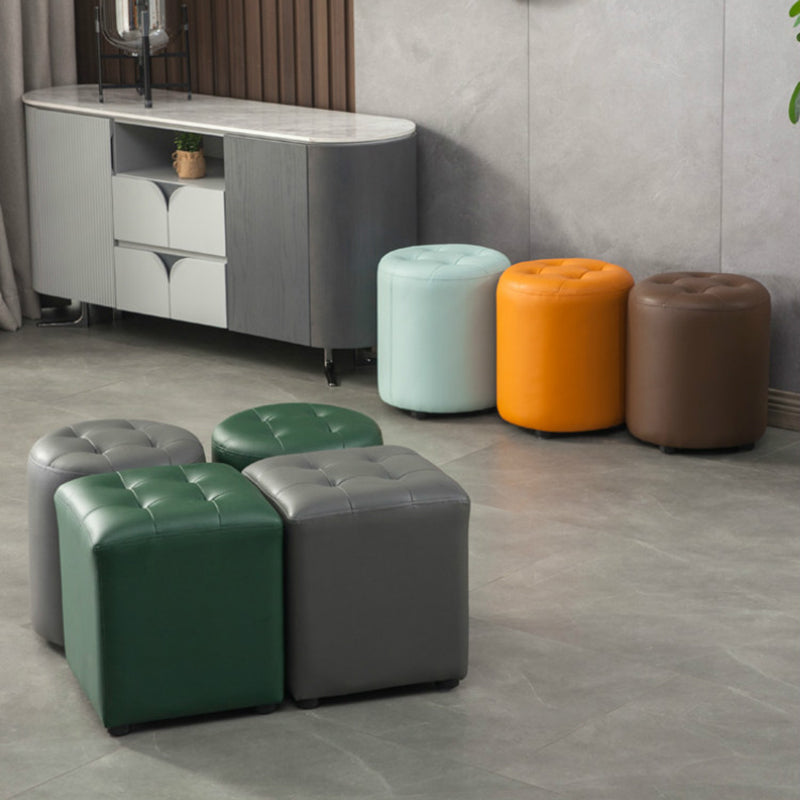 Dark Green Contemporary Pouf Pure Color Round Leather Indoor Pouf