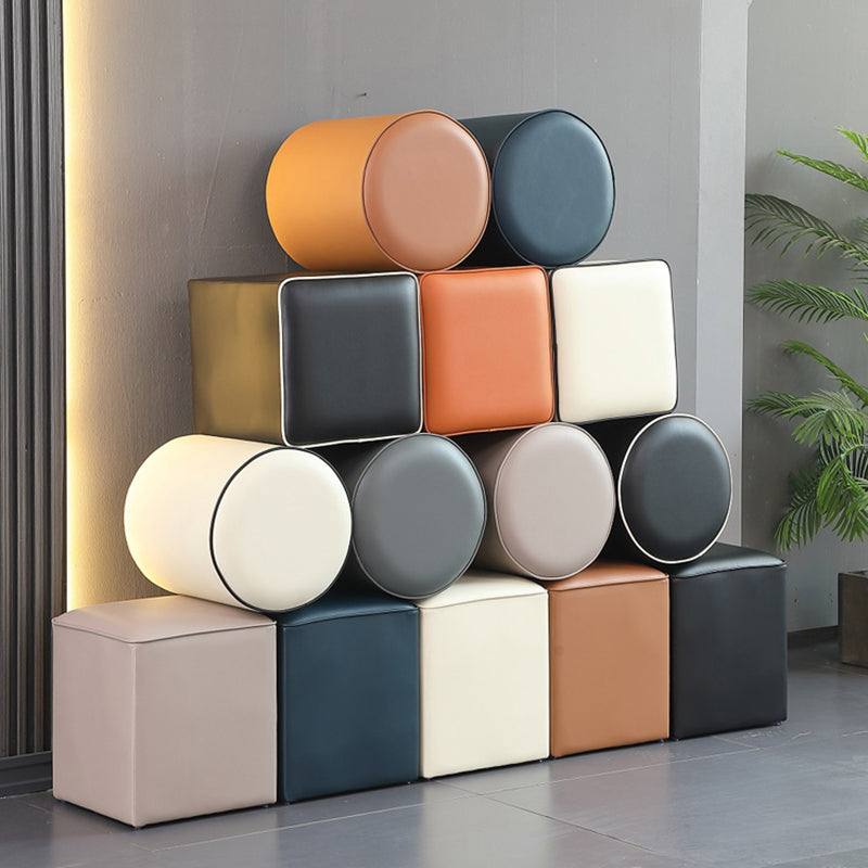 Minimalist Square Footstool Ottoman Pure Color Genuine Leather Ottoman