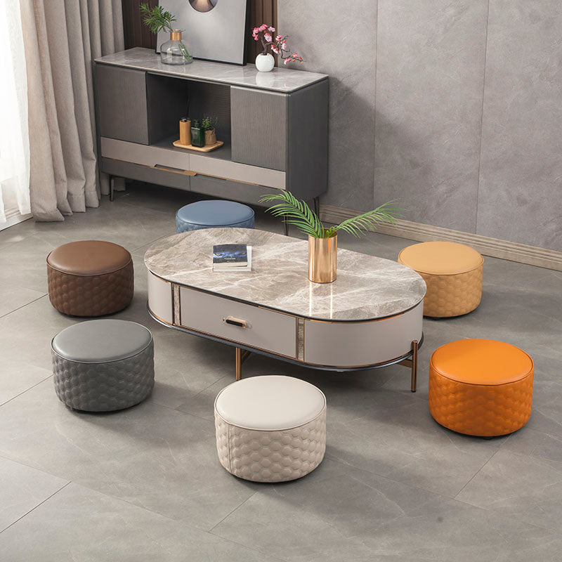 Water Resistant Pouf Ottoman Genuine Leather Round Solid Modern Ottoman
