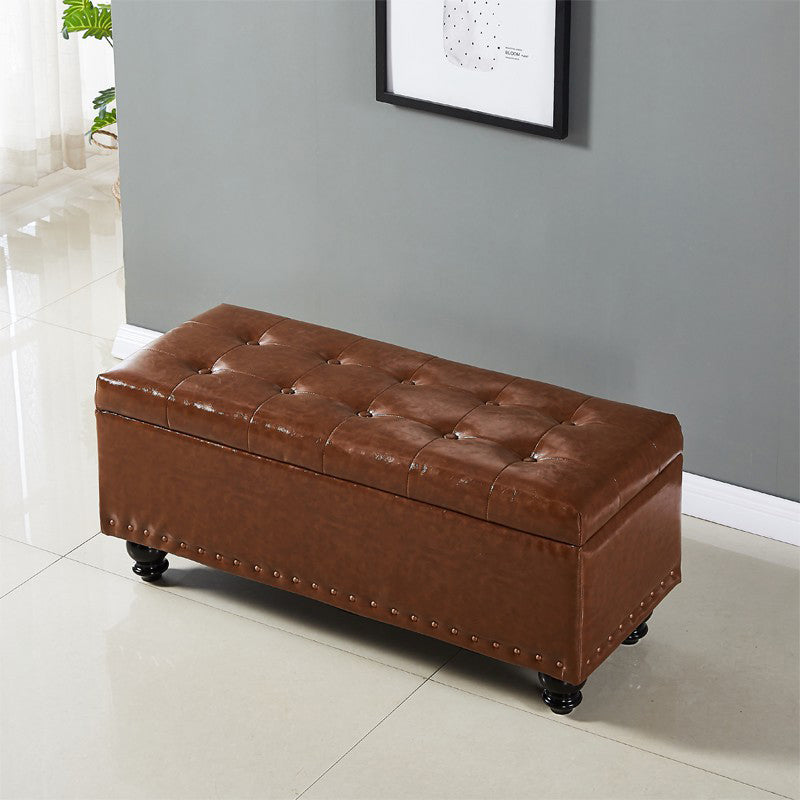 Contemporary Pouf Ottoman PU Leather Nailhead Trim Tufted Square Ottoman with Storage