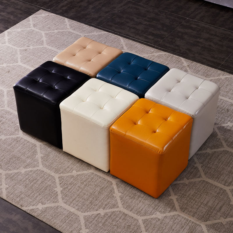 Modern Genuine Leather Ottoman Tufted Detail Square Stool Ottoman