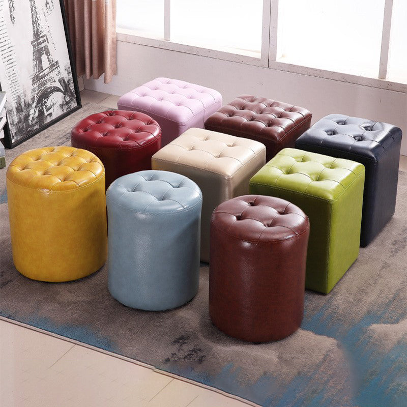 Mid-Century Modern Ottoman Water Resistant Solid Color Tufted Genuine Leather Cube Ottoman