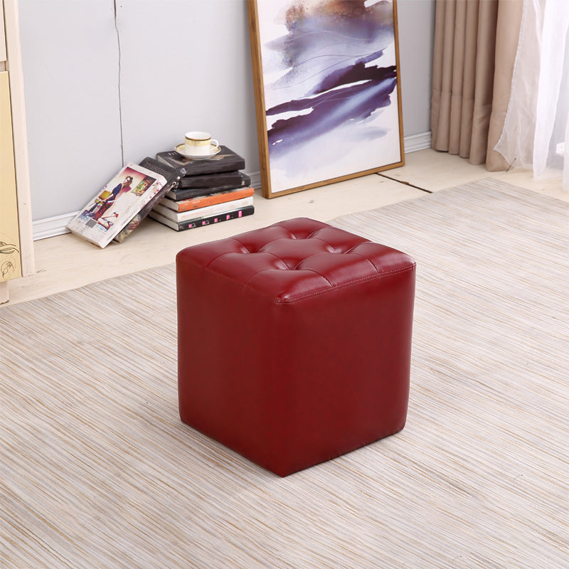 Mid-Century Modern Ottoman Water Resistant Solid Color Tufted Genuine Leather Cube Ottoman