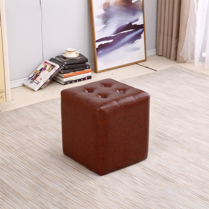 Mid-Century Modern Ottoman Water Resistant Solid Color Tufted Genuine Leather Cube Ottoman
