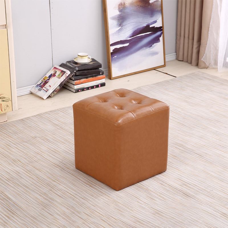 Mid-Century Modern Ottoman Water Resistant Solid Color Tufted Genuine Leather Cube Ottoman