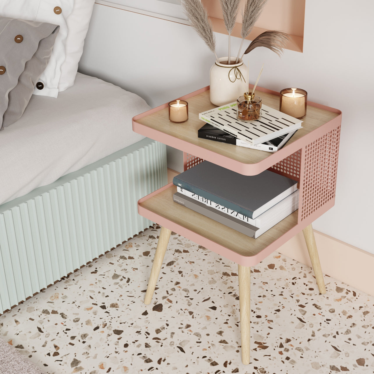 20" H Accent Table Nightstand Pearl Wood and Metal Night Table Lower Shelf