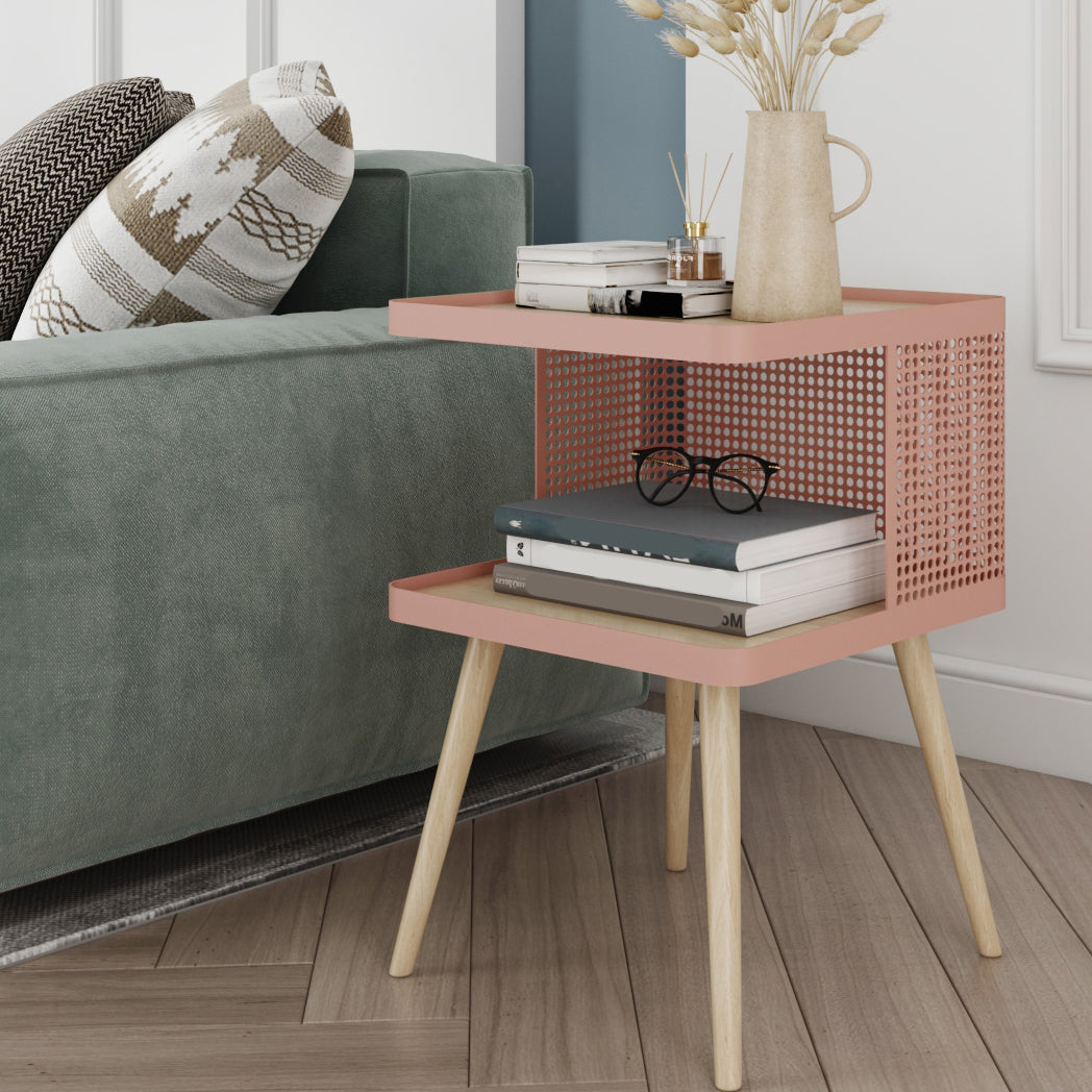 20" H Accent Table Nightstand Pearl Wood and Metal Night Table Lower Shelf