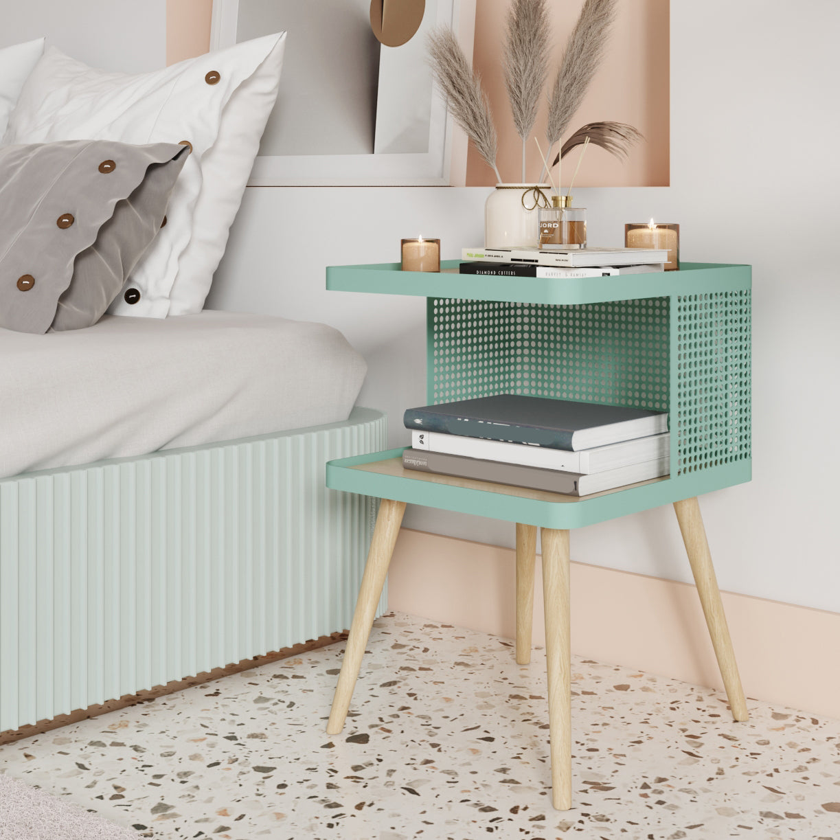 20" H Accent Table Nightstand Pearl Wood and Metal Night Table Lower Shelf