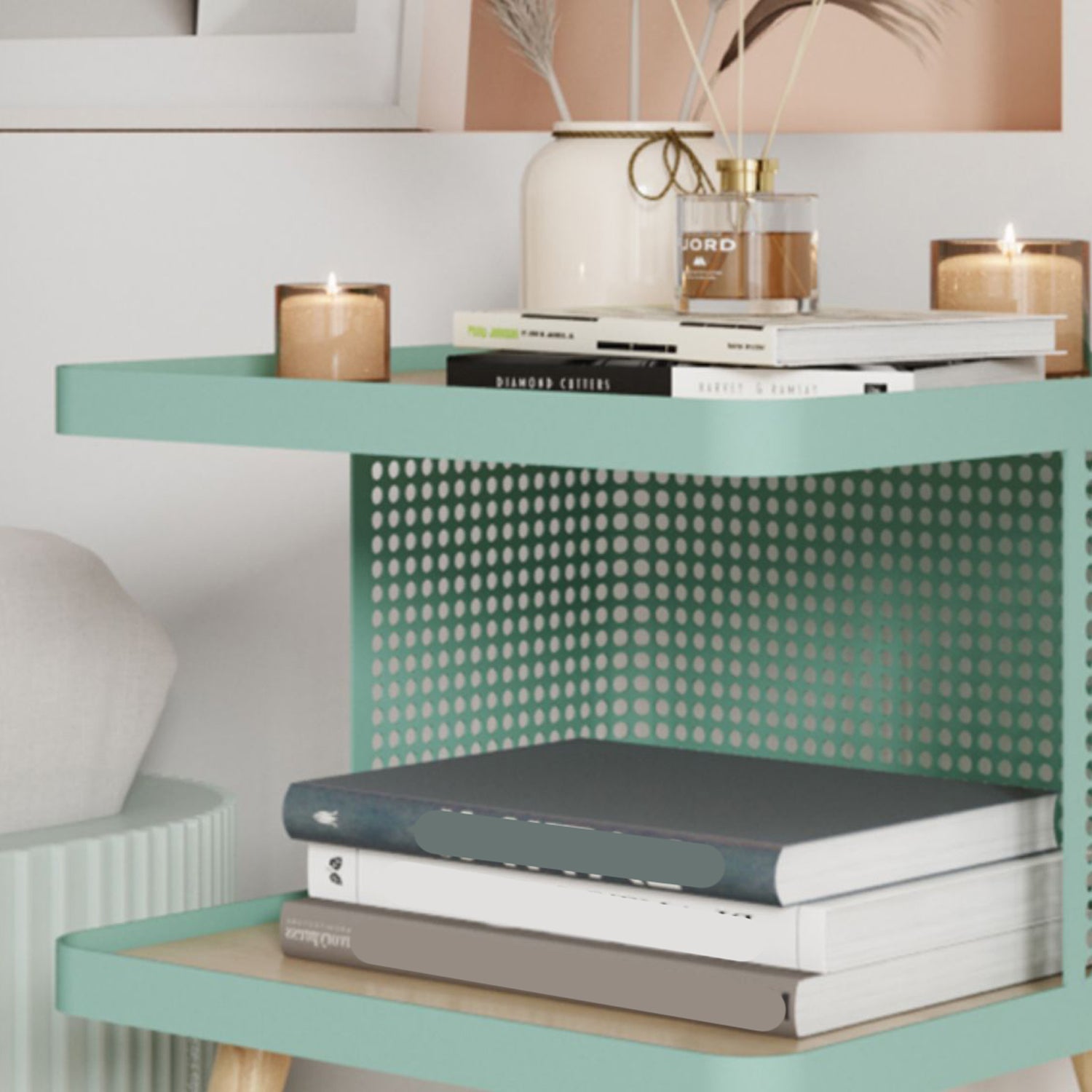 20" H Accent Table Nightstand Pearl Wood and Metal Night Table Lower Shelf