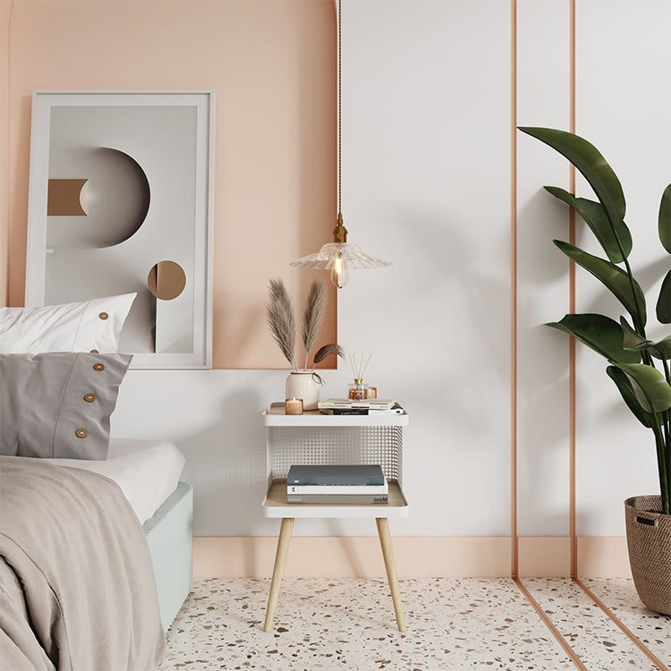 20" H Accent Table Nightstand Pearl Wood and Metal Night Table Lower Shelf