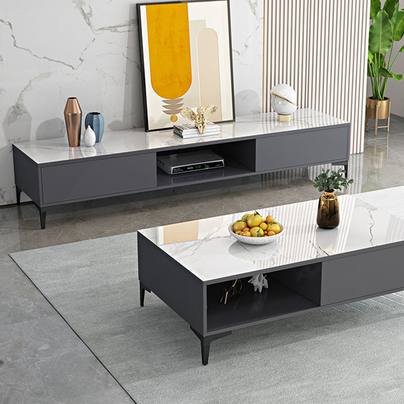 Contemporary Glossy TV Console Black/White Wood TV Stand with 2 Shelves