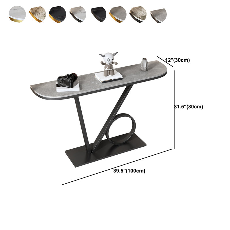 Half Moon Stone Top Console Table with Iron Pedestal Base Accent Table