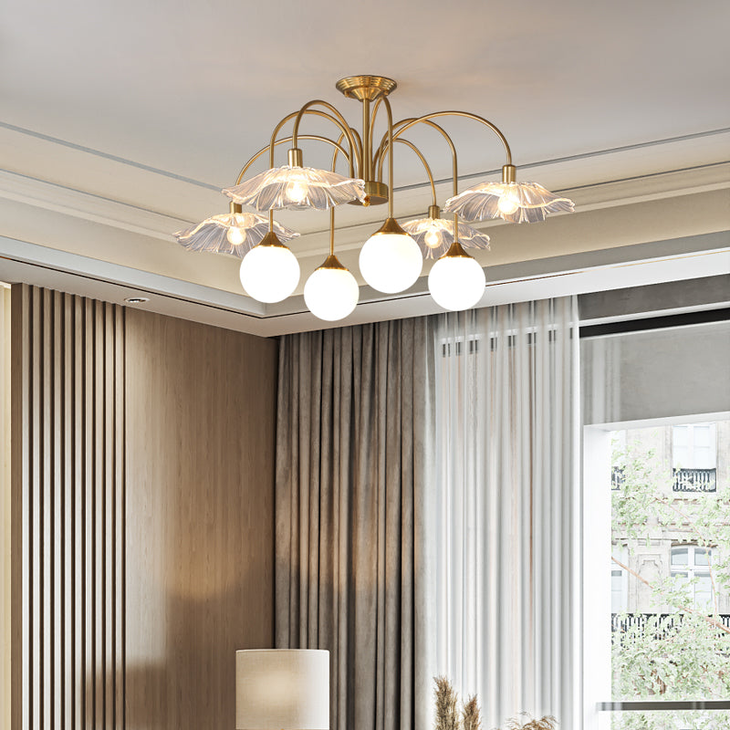 Metal Semi Flush Lamp Traditional Multi-Head Bedroom Ceiling Lighting with Glass Shade