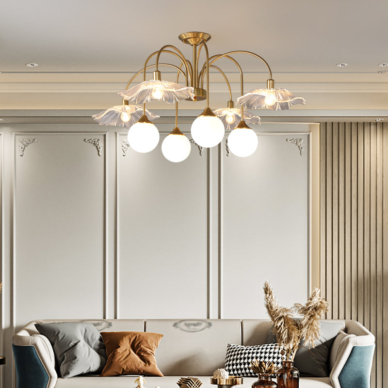 Metal Semi Flush Lamp Traditional Multi-Head Bedroom Ceiling Lighting with Glass Shade