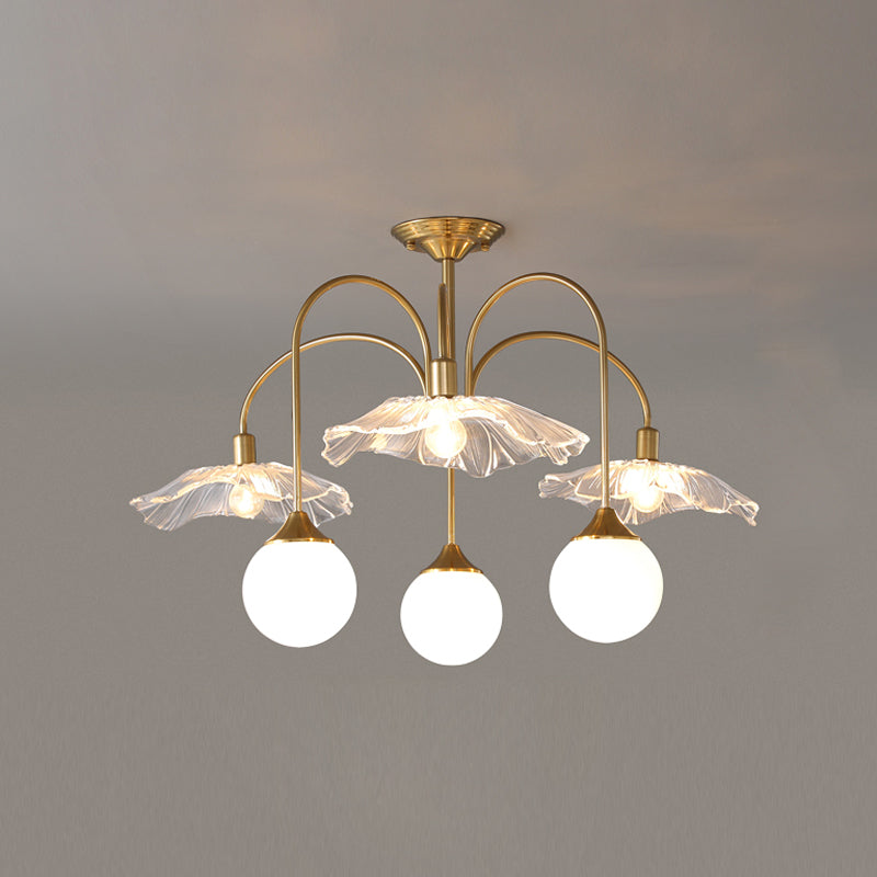 Metal Semi Flush Lamp Traditional Multi-Head Bedroom Ceiling Lighting with Glass Shade