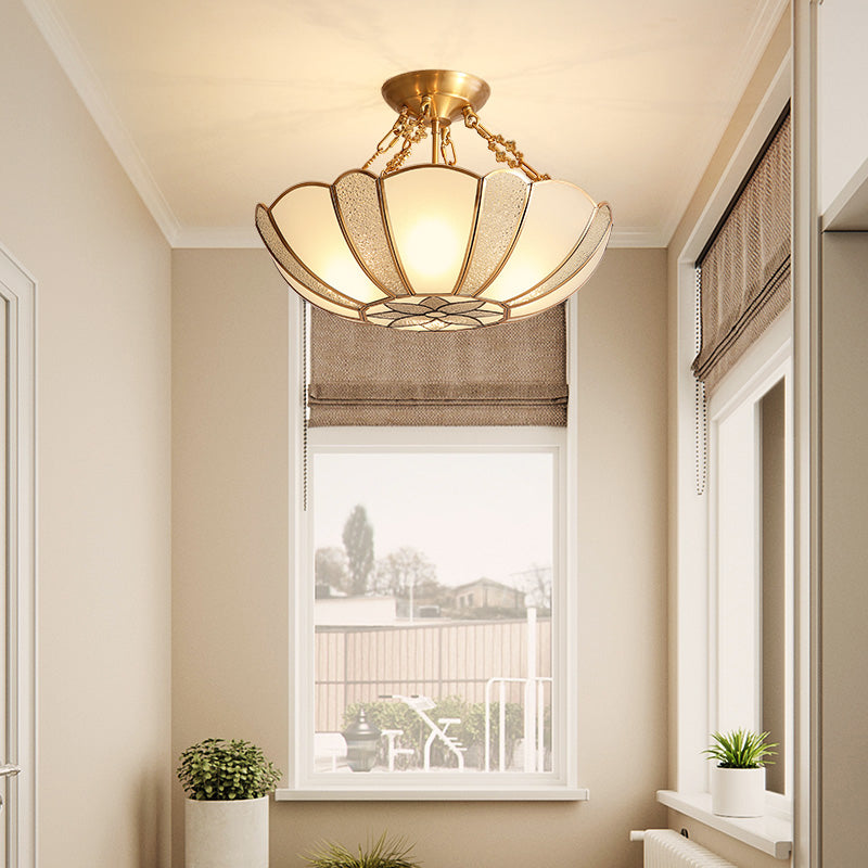 Inverted Bedroom Semi Flush Mount Light Vintage Glass Brass Ceiling Lighting