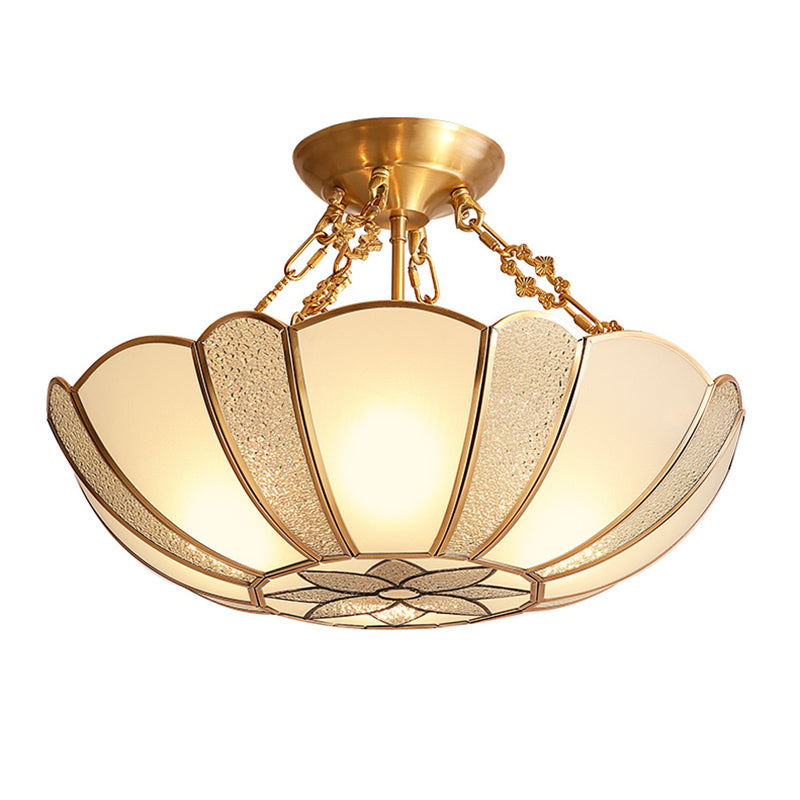 Inverted Bedroom Semi Flush Mount Light Vintage Glass Brass Ceiling Lighting