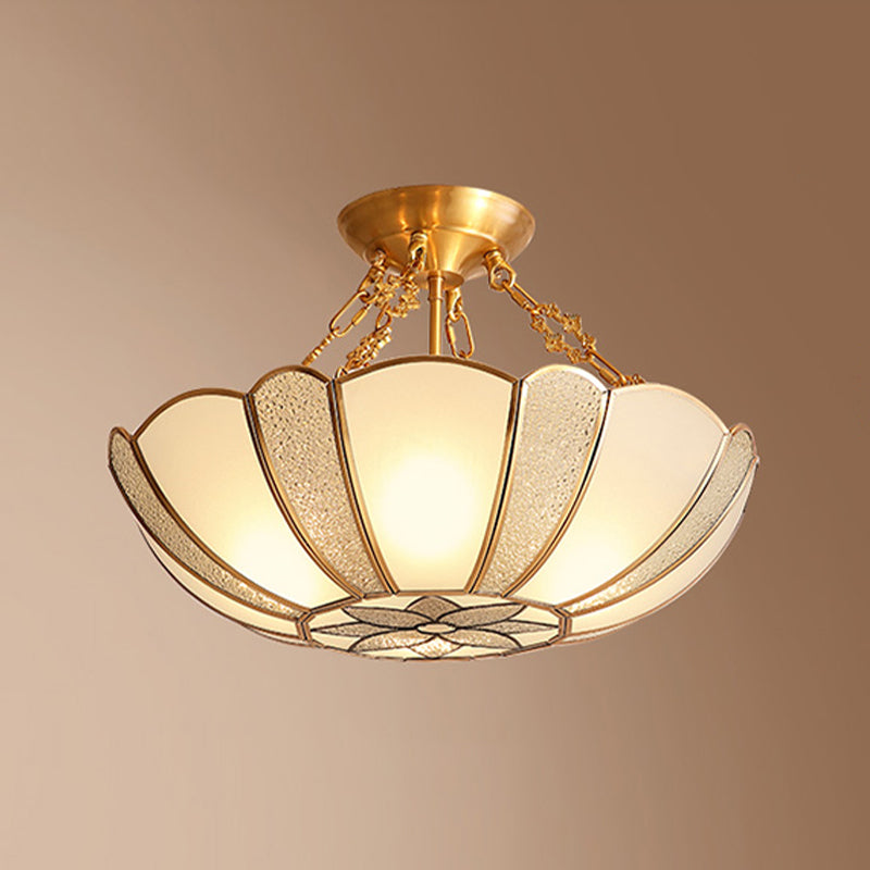 Inverted Bedroom Semi Flush Mount Light Vintage Glass Brass Ceiling Lighting