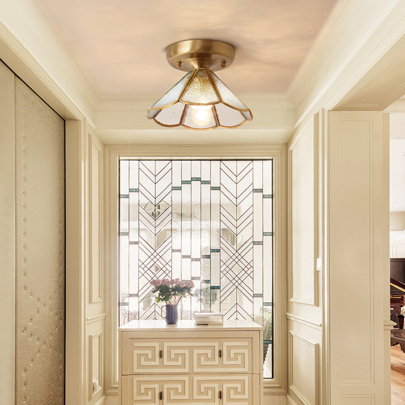 Brass Ceiling Light Fixture Vintage Glass Scalloped Semi Flush Mount Light