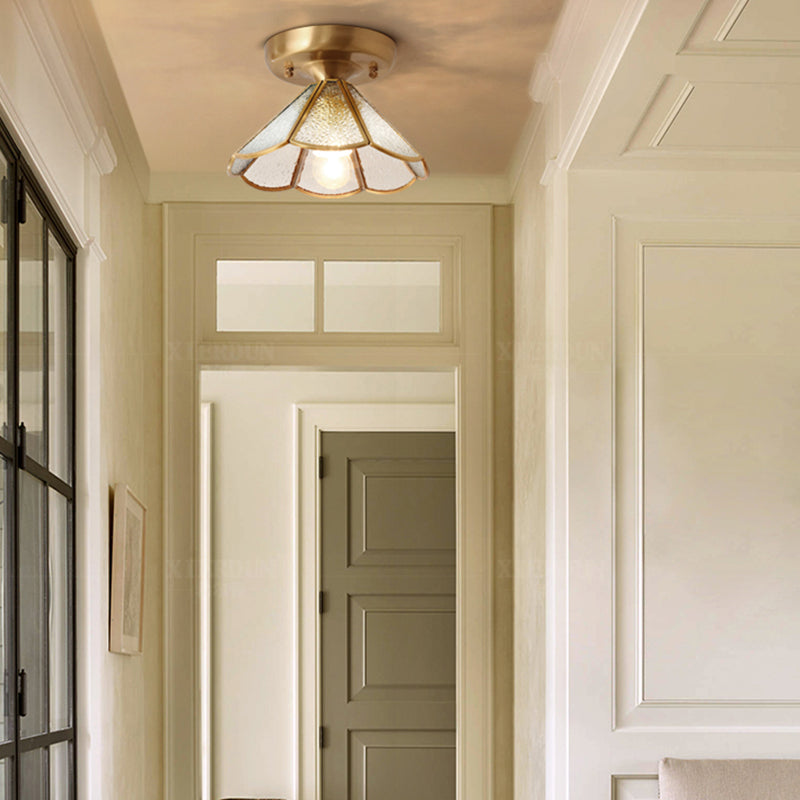 Brass Ceiling Light Fixture Vintage Glass Scalloped Semi Flush Mount Light