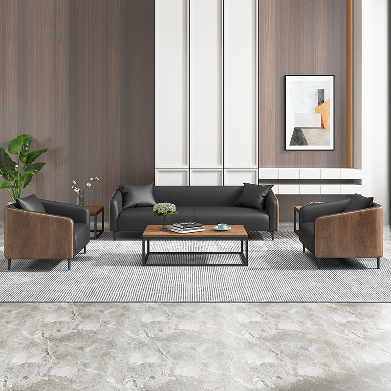 Modern Faux Leather Sofa Tuxedo Arm Tight Back Sofa in Grey/black