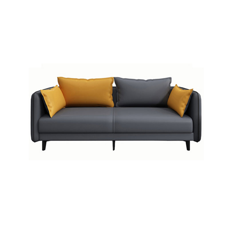 Square Arm Faux Leather Standard Sofa Couch with Pillows in Dark Gray