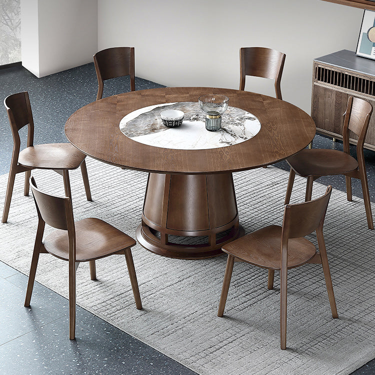 Modern Round Convertible Dining Table Brown Ash Wood Pedestal Table